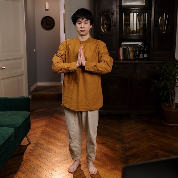 Man in a state of calm focus and relaxation after a workout session.